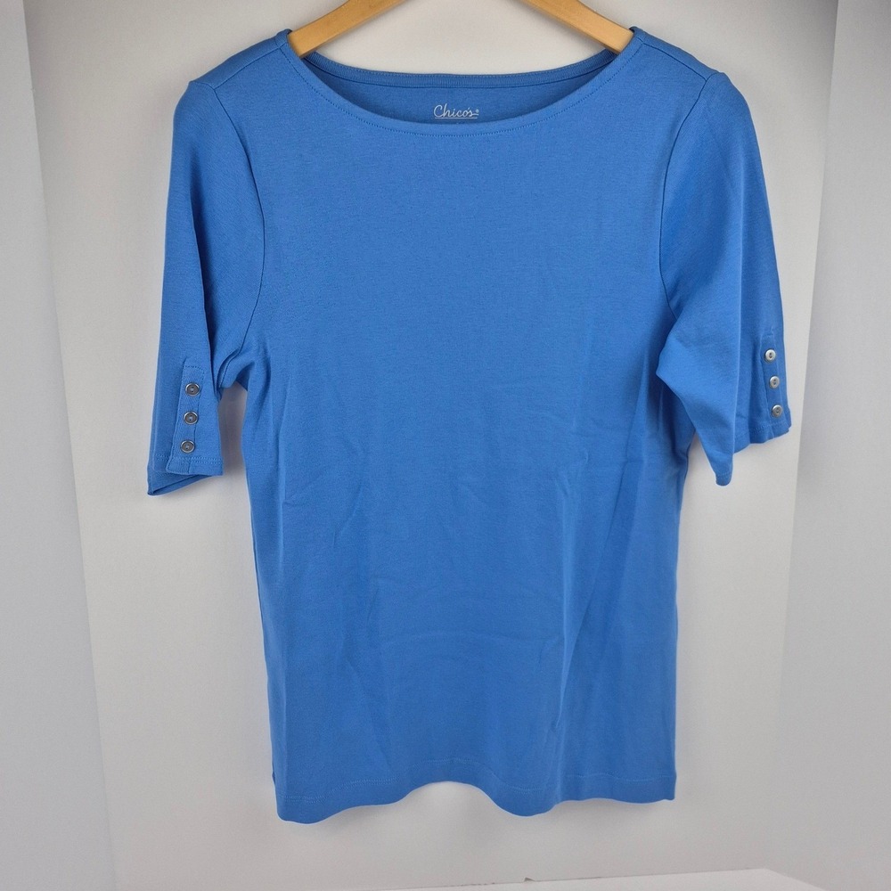 Chicos Blue 3/4 Sleeve Boat Neck Top with Button Detail Size 1 100% Cotton